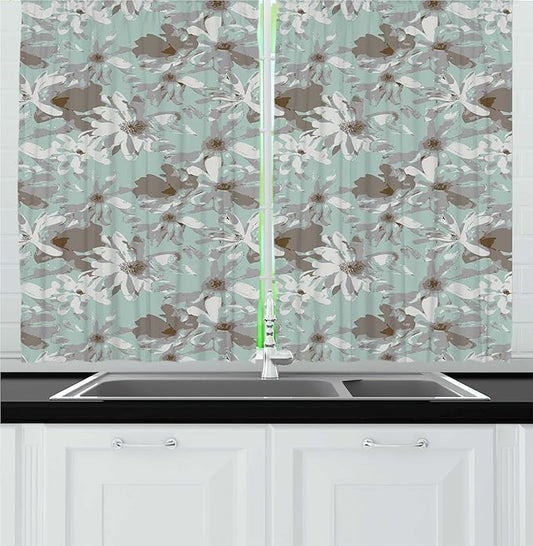 Lunarable Floral Kitchen Curtains, Print of Grunge Effect Blossoming Flowers with Vintage Influences, Window Drapes 2 Panel Set for Kitchen Cafe Decor, 55" x 30", Pale Seafoam Pale Taupe