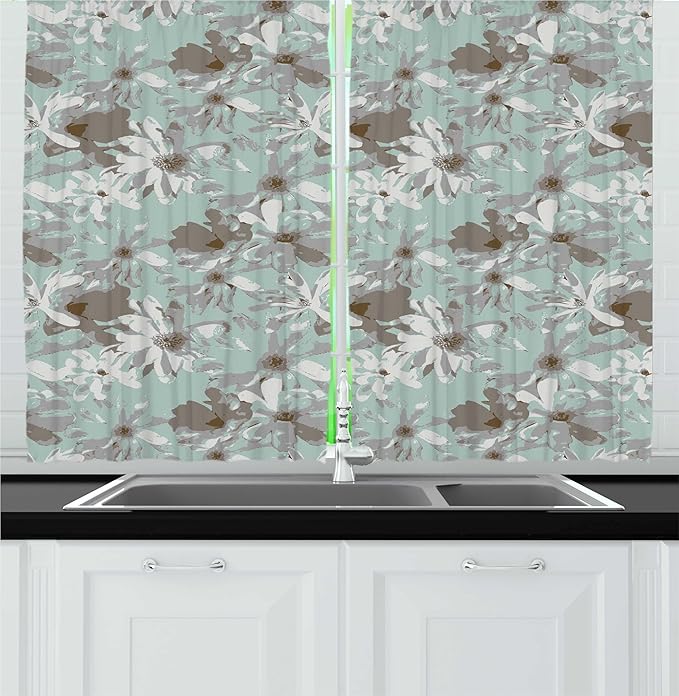 Lunarable Floral Kitchen Curtains, Print of Grunge Effect Blossoming Flowers with Vintage Influences, Window Drapes 2 Panel Set for Kitchen Cafe Decor, 55" x 24", Pale Seafoam Pale Taupe