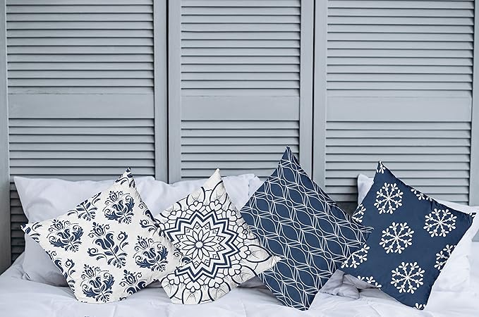 Ambesonne Retro Throw Pillow Cushion Case Pack of 4, Trellis Grid Medieval Floral Damask Mandala Flower Ornament in Modern Monochrome, Modern Accent Double-Sided Digital Printing, 24", Dark Sky Blue