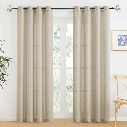 RYB HOME Linen Sheer Curtains, Soft Linen Textured Farmhouse Curtains for Living Room Windows, Extra Long Curtain Panels for Bedroom Dining Area, W 52 x L 95, Set of 2, Beige