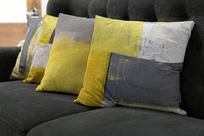 Ambesonne Modern Decorative Throw Pillow Covers Pack of 4, Abstract Grunge Themed Geometric Squares Paintbrush Stroke, Ornament for Home Accent Double-Sided Cases Digital Printing, 18", Yellow Grey