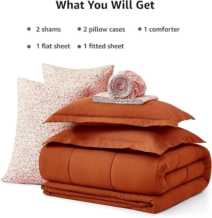 Monbix Full Comforter Set - 7 Pieces Burnt Orange Bed in a Bag Full Size Track Stitching Bedding Sets, All Seasons Down Alternative Comforter with Sheets,Pillowcases & Shams