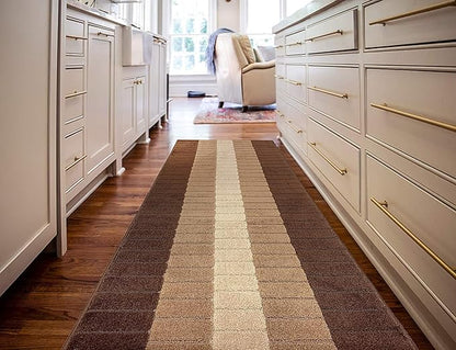 Custom Size Modern Geometric Pattern Carpet Runner Rug for Hallways, Slip Resistant Latex Rubber Backed, 31 inch Wide X Customized Length, Squares Brown, 31 inch X 10 feet