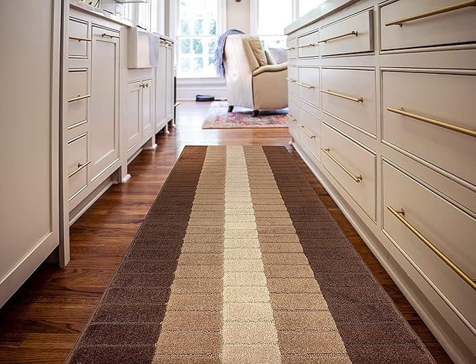 Custom Size Modern Geometric Pattern Carpet Runner Rug for Hallways, Slip Resistant Latex Rubber Backed, 31 inch Wide X Customized Length, Squares Brown, 31 inch X 25 feet