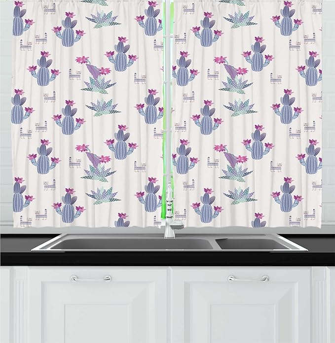 Lunarable Succulents Kitchen Curtains, Cactus with Flowers Cartoon Style Cats, Window Drapes 2 Panel Set for Kitchen Cafe Decor, 55" x 30", Ceil Blue Pale Fuchsia Pale Eggshell Dark Sea Green