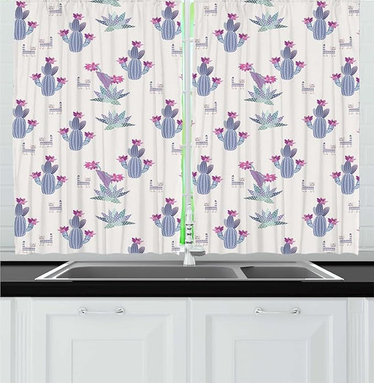 Lunarable Succulents Kitchen Curtains, Cactus with Flowers Cartoon Style Cats, Window Drapes 2 Panel Set for Kitchen Cafe Decor, 55" x 30", Ceil Blue Pale Fuchsia Pale Eggshell Dark Sea Green