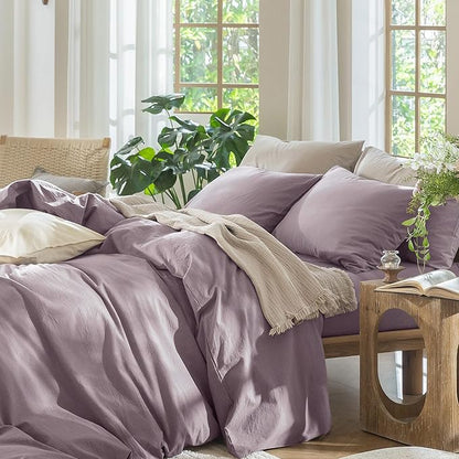 MooMee Bedding Duvet Cover Set 100% Washed Cotton Linen Like Textured Breathable Durable Soft Comfy (Solid Taro Purple, Queen 90"x90")