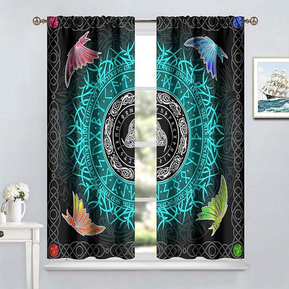 Viking Curtains Ancient Nordic Magic Rune Curtains Nordic Mythology Viking Bird Pattern Printed Curtains Bedroom Living Room Decoration Blackout Curtains W84 * L84 Inch