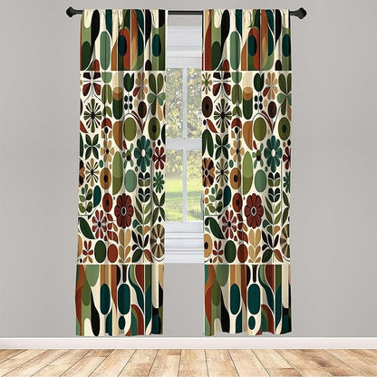 Ambesonne Scandinavian Window Curtains, Abstract Geometric Art of Leaves and Flowers with Bohemian Feel, Lightweight Decor 2-Panel Set with Rod Pocket, Pair of - 28" x 84", Olive Green Redwood Beige