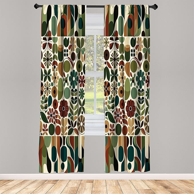 Ambesonne Scandinavian Window Curtains Pack of 2, Abstract Geometric Art of Leaves and Flowers with Bohemian Feel, Lightweight Set with Rod Pocket, 4 Panels of - 28" x 63", Olive Green Redwood Beige