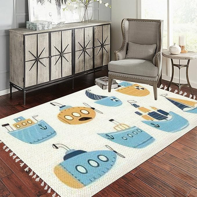 Boho Rug Baby Boats Submarine Boat Sketch Sea Childrens Scandinavian Chic Area Rug Washable Hallway Runner Rug Mat Pad Minimalist Nursery Decor for Living Room Bedroom Playroom Classroom
