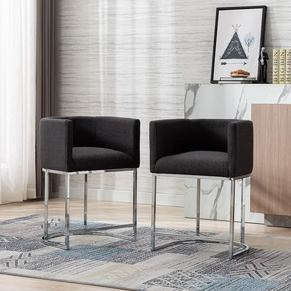 Modern Counter Height Linen Upholstered Bar Stools Set of 4, 24" Kitchen Counter Island Stools Bar Chairs with Chrome Finish Metal Frame for Kitchen Island, Charcoal