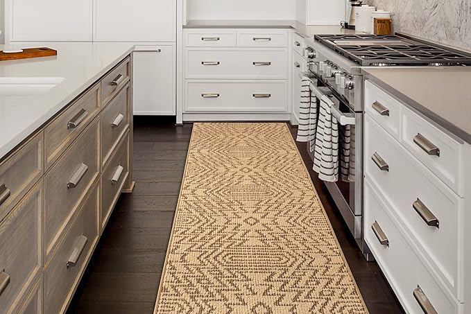 Custom Length Cut to Size Tribal Ethnic Southwestern Inspired Hallway Runner Rug, Non Slip Rubber Backed, 31 inch Wide X Customized Length, Inca Tan, 31 inch X 23 feet