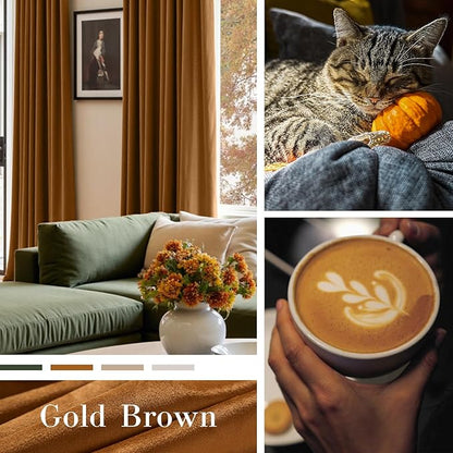 Lazzzy Velvet Blackout Curtains Thermal Insulated Room Window Drapes Super Soft Luxury Curtains for Living Room Bedroom Rod Pocket 2 Panels, Gold Brown, 62" W x 96" L