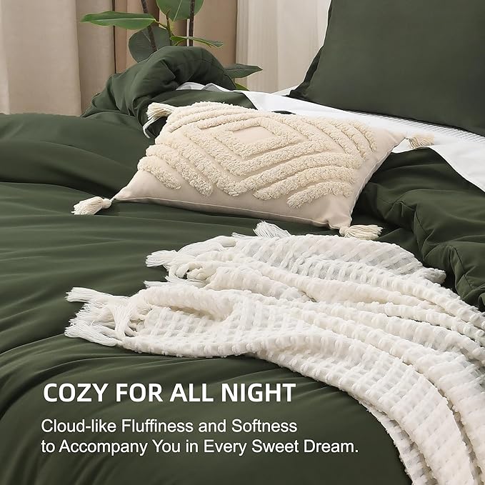Litanika Comforters Olive Green Oversized King Size, 3 Pieces Lightweight Solid Bedding Comforter Set, All Season Fluffy Bed Set (120x98In Comforter & 2 Pillowcases)