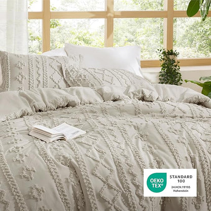 Bedsure Tufted Boho Comforter Set Oversized King - Linen Boho Bed Set, GentleSoft™ 3 Pieces Farmhouse Shabby Chic Embroidery Bedding, Gifts for Woman, Soft Jacquard Comforter for All Seasons
