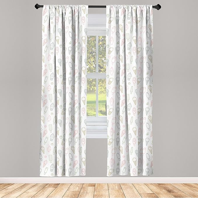 Ambesonne Ice Cream Window Curtains, Different Types of Ice Cream Pastel Color Design Pattern Retro Outlines, Lightweight Decor 2-Panel Set with Rod Pocket, Pair of - 28" x 95", White and Beige
