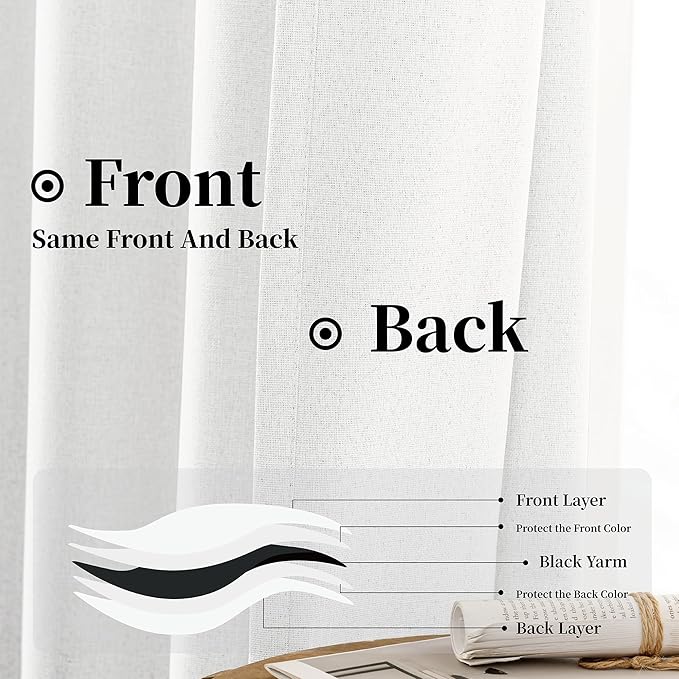 KangBang 100% Blackout Linen Curtains 120 Inches Long 2 Panel Sets, Rod Pocket Back Tab Energy Saving Window Treatment Room Darkening Curtains for High Windows, Pure White, 52Wx120L
