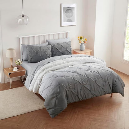 5 Piece Comforter Set Bed in a Bag Ombre Pintuck Design All Season Soft Down Alternative Bedding Comforter Set & Luxurious Matching Bed Sheets & Pillow Sham, Ombre Pintuck Gray, Twin