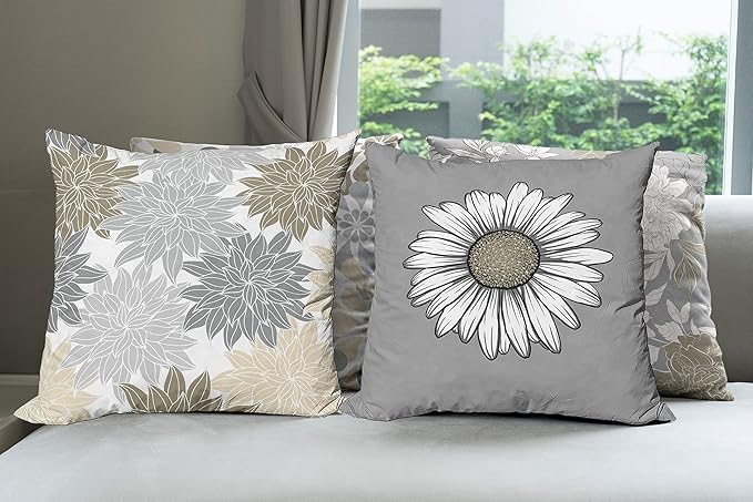 Ambesonne Floral Throw Pillow Cushion Case Pack of 4, Flower Petals Modern Color Palette Chamomile Peony Dahlia and Sunflower Print, Modern Accent Double-Sided Digital Printing, 20", Slate Brown Grey