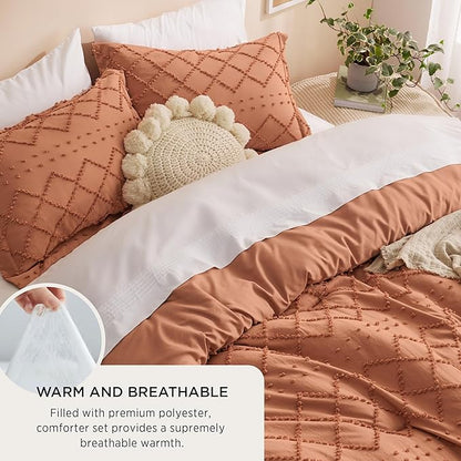 Bedsure Queen Comforter Set - Pumpkin Comforter, Boho Tufted Shabby Chic Bedding for Kids, 3 Pieces Vintage Farmhouse Bed Set for All Seasons, Fluffy Soft Bedding with 2 Pillow Shams