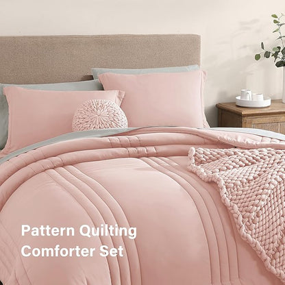 Monbix Full Comforter Set - 7 Pieces Light Pink Bed in a Bag Full Size Bedding Sets with Comforters, All Seasons Down Alternative Comforter with Sheets,Pillowcases & Shams