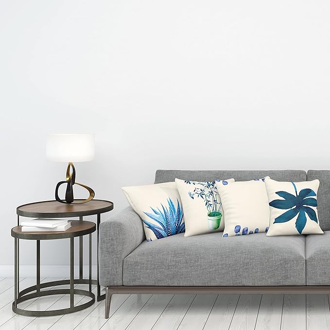 Ambesonne Botanical Throw Pillow Cushion Case Pack of 4, Minimalist Watercolor Painting Leaves Agave Branches Plant in a Pot, Modern Accent Double-Sided Digital Printing, 24", Dark Turquoise Ceil Blue