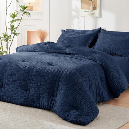 HYMOKEGE Navy Blue Full Size Comforter Sets Seersucker 7 Pieces, All Season Luxury Bed in a Bag for Bedroom, Bedding Set with Comforters, Sheets, Pillowcases & Shams