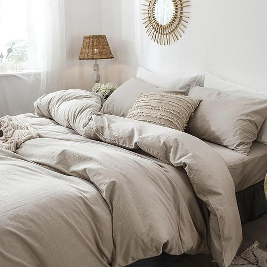 MooMee Bedding Duvet Cover Set 100% Washed Cotton Linen Like Textured Breathable Durable Soft Comfy (Heathered Tannish Linen Grey, Alaska King 132"x120")