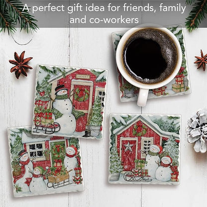 Thirstystone Snowman's Farmhouse 4 Pack Assorted Tumbled Tile Stone Coasters with Protective Cork Backing 4" Square Manufactured in The USA