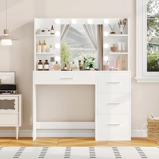 Irontar Vanity Desk, Makeup Vanity with 10 LED Lights & 4 Drawers, Brightness Adjustable, Dressing Table with 6 Open Storage, Makeup Table for Women, White WDT003W