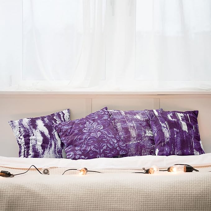 Ambesonne Vintage Throw Pillow Cushion Case Pack of 4, Abstract Grunge Effect Brushstrokes and Waving Striping Stains Paisley Drops, Modern Accent Double-Sided Digital Printing, 24", Ceil Blue Purple
