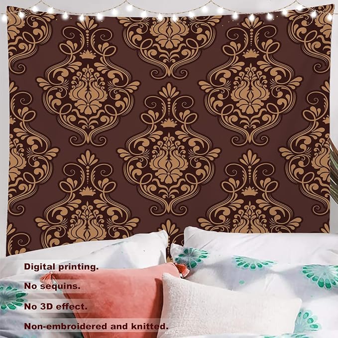 Batmerry Brown Damask Floral Tapestry, Vintage Golden Brown Damask Pattern Wall Art Hanging Decoration Polyester Fiber White Ruffled Around For Dorm Room Bedroom Living Room, 90.6 X 78.7 Inches