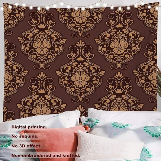Batmerry Brown Damask Floral Tapestry, Vintage Golden Brown Damask Pattern Wall Art Hanging Decoration Polyester Fiber White Ruffled Around For Dorm Room Bedroom Living Room, 90.6 X 78.7 Inches