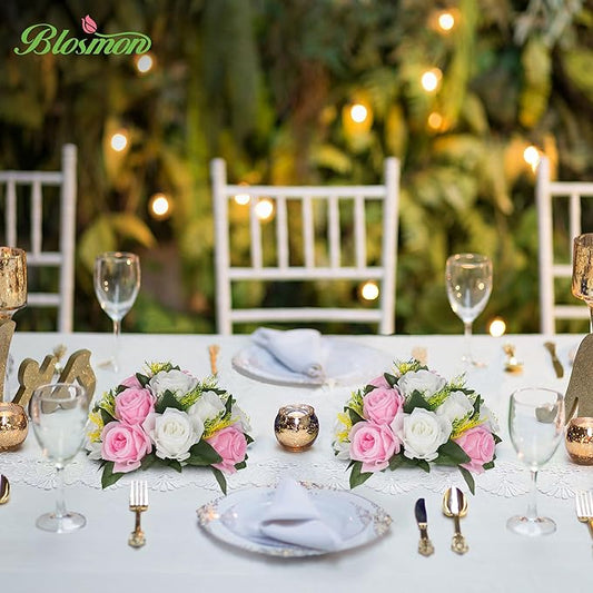 BLOSMON Flower Balls Rose Centerpieces: 6 Pcs 9.5 Inch Pink Fake Flowers Kissing Balls Decor Artificial Wedding Floral Arrangements Silk Flower Bouquet with Base Home Party Room Table DIY Decorations