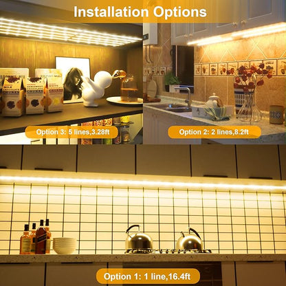 LAFULIT 10 PCS Under Cabinet Lights Kit, Stick on Lights, Flexible Led Strip Lights with Remote and Power Adapter, for Kitchen Cabinets Shelf Desk Counter Corner, 2700K Warm White, 16.4ft