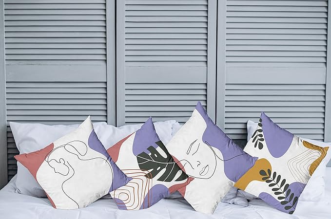 Ambesonne Minimal Throw Pillow Cushion Case Pack of 4, Modern Line Art Woman Portrait Contemporary Leafy Geometric Details, Modern Accent Double-Sided Digital Printing, 18", Lavender Amber Pale Rust