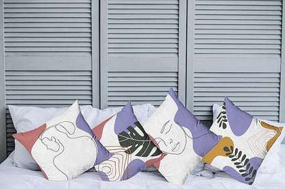 Ambesonne Minimal Throw Pillow Cushion Case Pack of 4, Modern Line Art Woman Portrait Contemporary Leafy Geometric Details, Modern Accent Double-Sided Digital Printing, 18", Lavender Amber Pale Rust