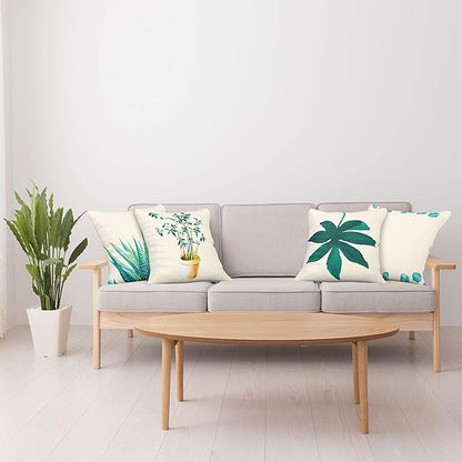 Ambesonne Botanical Throw Pillow Cushion Case Pack of 4, Minimalist Watercolor Painting Leaves Agave Branches Plant in a Pot, Modern Accent Double-Sided Digital Printing, 20", Teal Turquoise and White