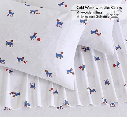 RUVANTI Flannel Sheets Queen Size - 100% Cotton Double Brushed Bed Sheets, Deep Pockets 16 Inches Queen Sheet Set, All Seasons Breathable & Extra Soft - Warm & Cozy, 4 Piece, Puppy Playoff