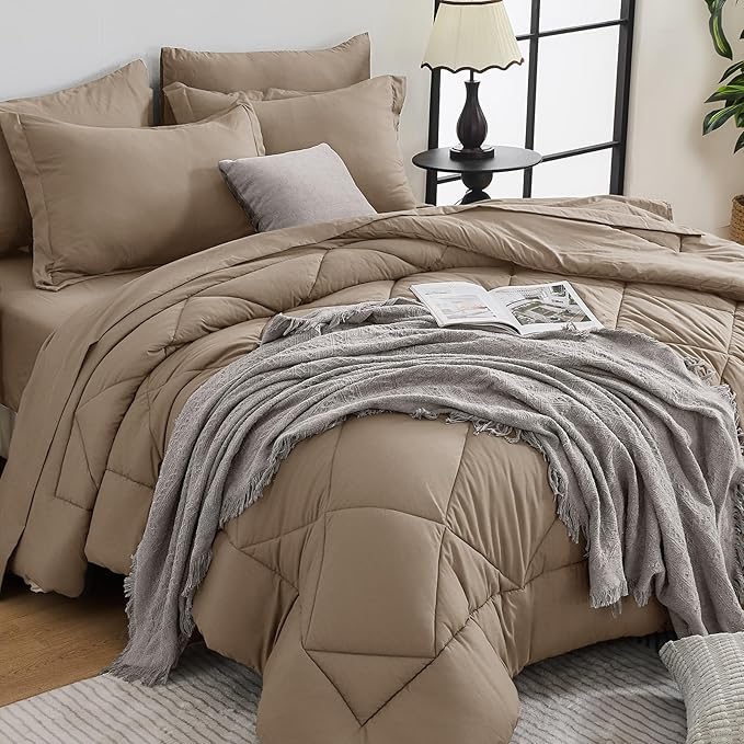 HEVUMYI Linen Queen Comforter Set - 7-Piece All Season Bed in a Bag Queen, Ultra Soft Bedding Set with Comforter, Flat Sheet, Fitted Sheet, Pillowcases, Pillow Shams