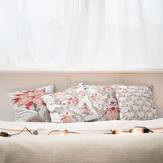 Ambesonne Vintage Throw Pillow Cushion Case Pack of 4, Ethnic Folkloric Flower Motifs in Neutral Tones Nostalgic Floral, Modern Accent Double-Sided Digital Printing, 16", Salmon Vermilion