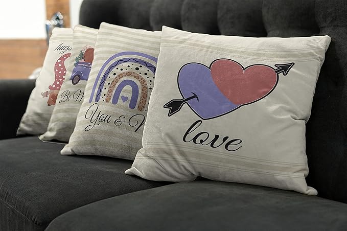 Ambesonne Romantic Throw Pillow Cushion Case Pack of 4, Love Hearts Arrow You and Me Be My Valentine Hugs Kisses Lettering, Modern Accent Double-Sided Digital Printing, 18", Ivory Lavender Pale Rust