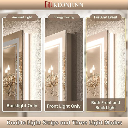 Keonjinn Bathroom LED Mirror 42 x 36 Inch Frontlit and Backlit, Stepless 3 Colors Temperature & Dimmable Tempered Glass Mirror, UL Listed LED Driver, Double LED Strips, Anti-Fog Lighted Vanity Mirror