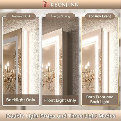 Keonjinn LED Bathroom Mirror with Light, 28x36 in Frontlit and Backlit, Stepless 3 Colors Temperature & Dimmable Wall Mirror, UL Listed LED Driver, Double LED Strips, Tempered Glass LED Vanity Mirror