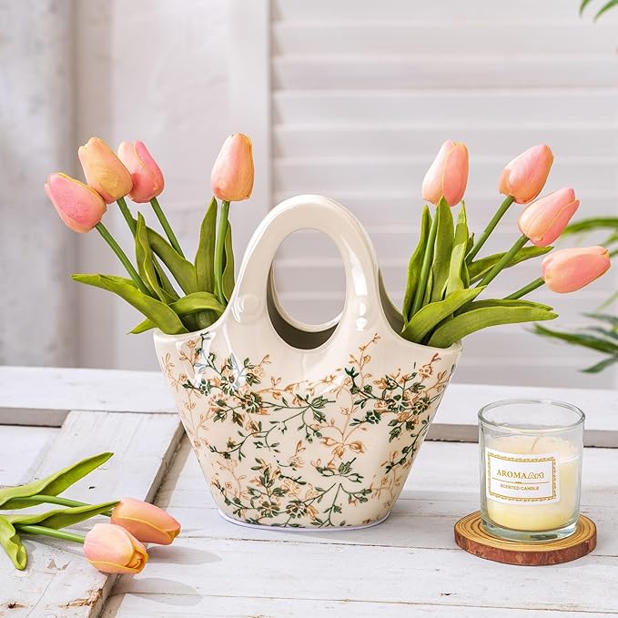 Ceramic Purse Vase for Flowers, Cute Handbag Vases, Vintage Green and Beige Floral Vase, Rustic Farmhouse Vases for Living Room, Kitchen, Bedroom, Table Centerpiece, Chinoiserie and Tuscan Decor 9 in