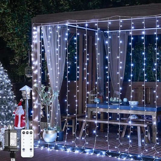JMEXSUSS 900LED Christmas Curtain Lights Outdoor with Remote, 9.5x29.5ft White Christmas Lights Indoor Plug in, Hanging String Lights for Bedroom Wedding Backdrop Wall Window Xmas Decoration