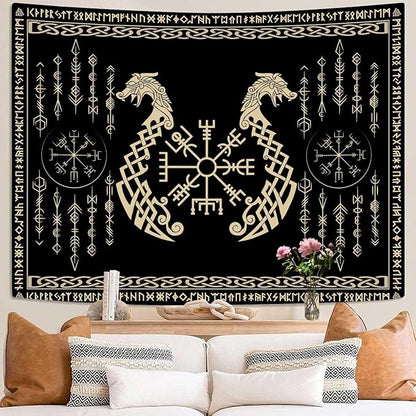 OSUNBD Viking Dragon Tapestry Ancient Rune Dragon Totem Norse Mythology Wall Art Tapestries Black Mystical Geometric Norse Mythology Tapestry Large Size 78.7”x59.1” for Bedroom Living Room Dorm