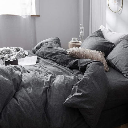 MooMee Bedding Duvet Cover Set 100% Washed Cotton Linen Like Textured Breathable Durable Soft Comfy (Heathered Dark Grey, King 104"x90")