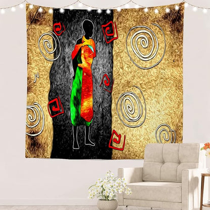 Batmerry African Ethnic Retro Tapestry,Vintage Motive Oil Landscape Fashion Wall Art Hanging Decoration Polyester Fiber White Ruffled Around for Dorm Room Bedroom Living Room, 59.1x59.1 inches